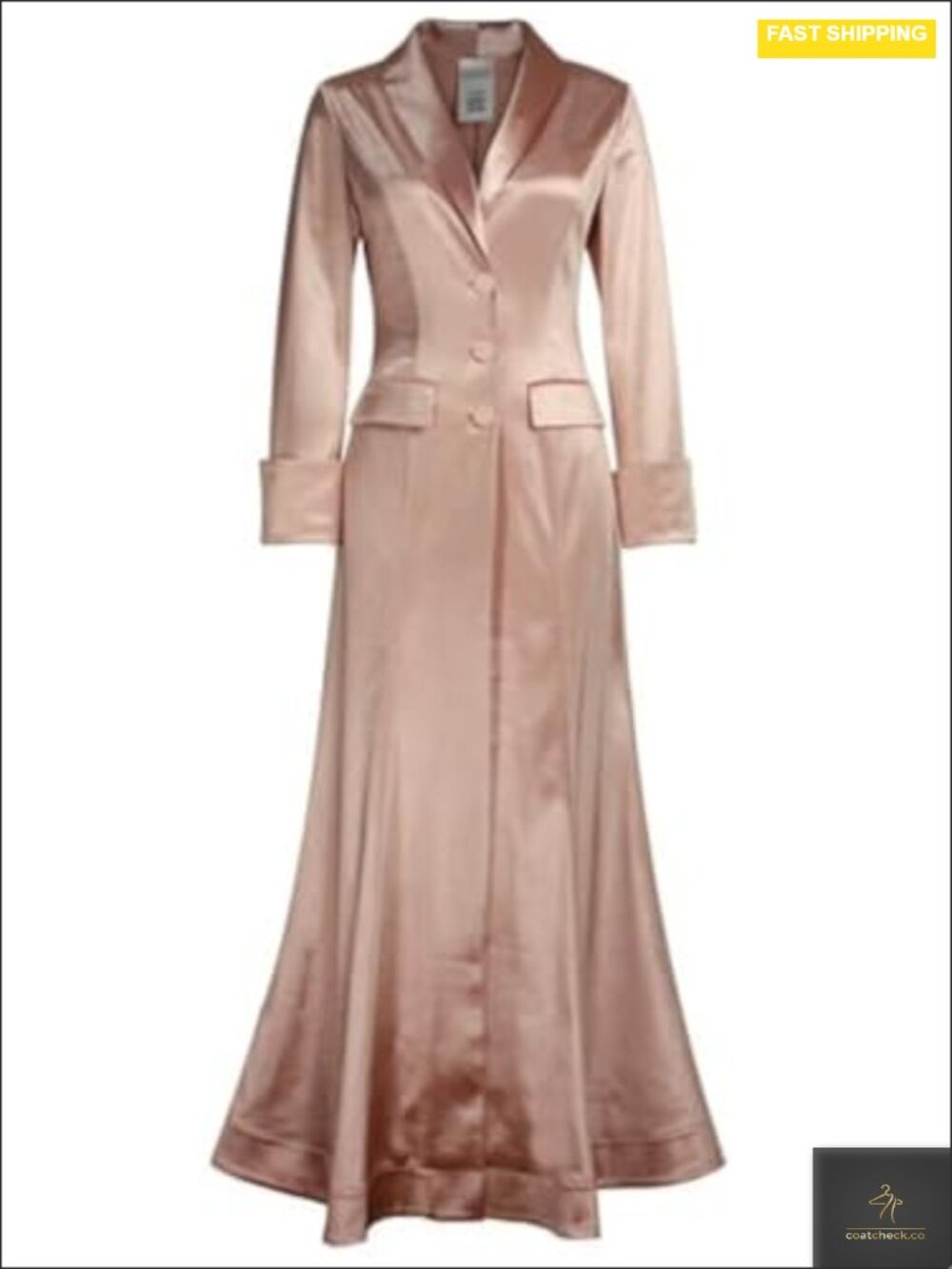Satin Maxi Coat Button Closure Long Sleeve Knee Length